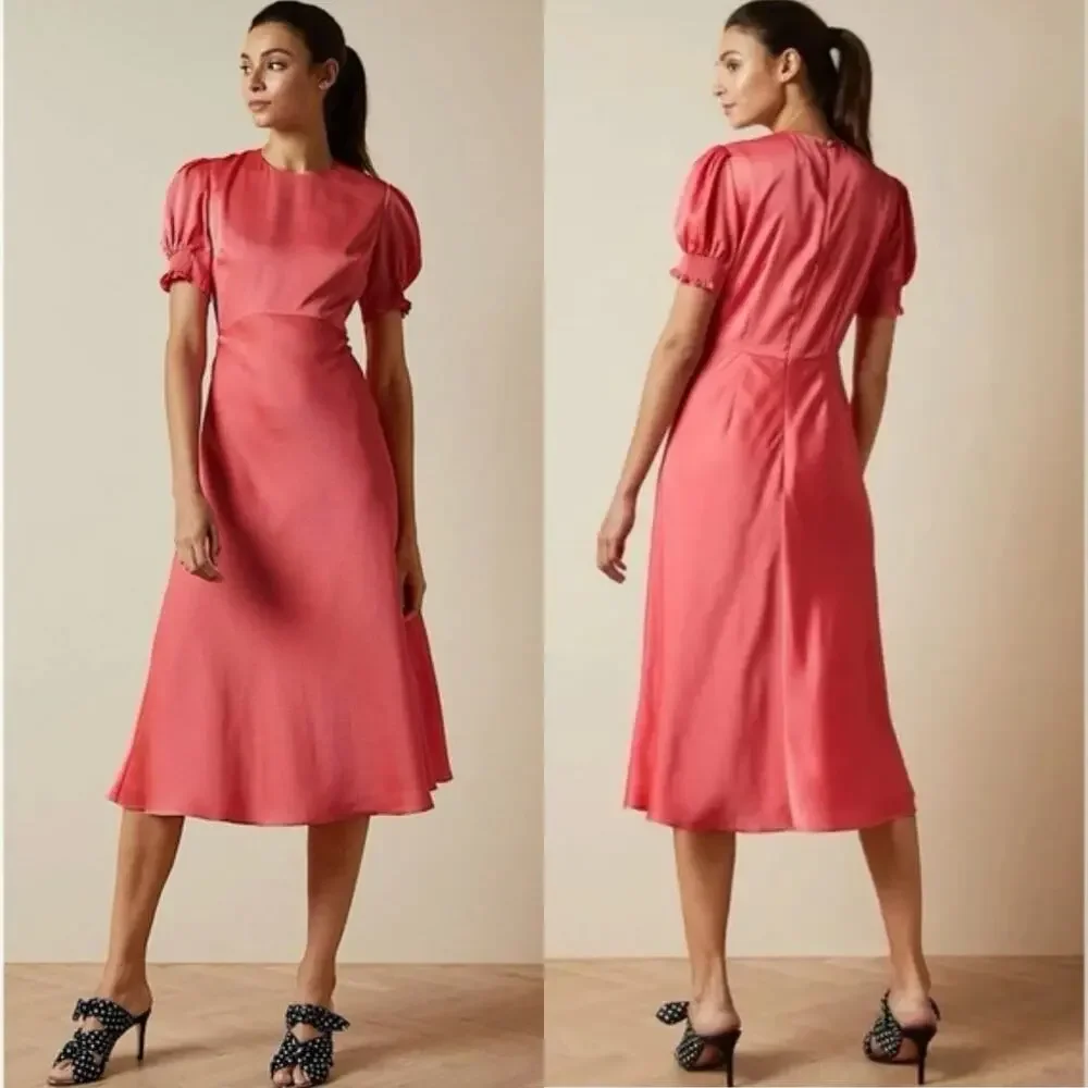 Ted Baker Textured Satin Midi Dress Size 12 Coral Pink Puff Sleeve modest chic - Picture 2 of 12